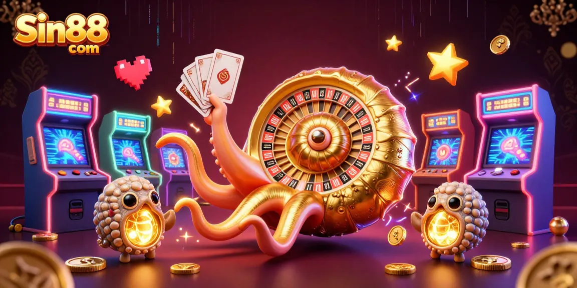 Engage in thrilling gameplay with Sin88 com, featuring a nautilus-themed roulette wheel and glowing arcade elements.
