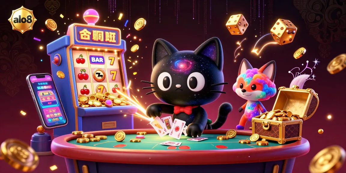 Engaging visual of alo8's cosmic casino experience featuring colorful characters with gaming elements and a jackpot explosion.