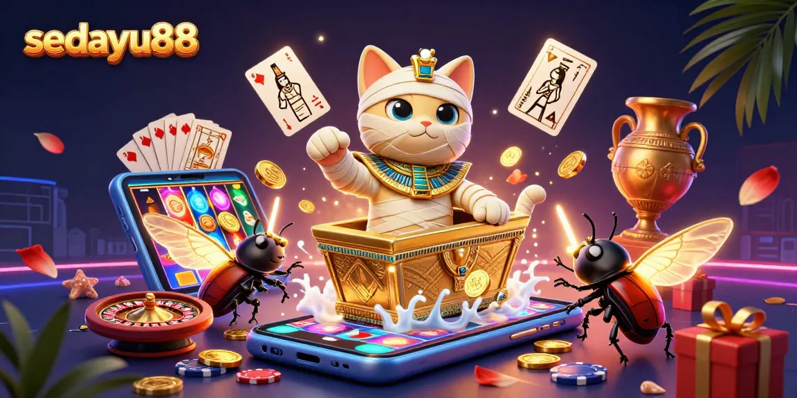 Sedayu88 showcases an Egyptian mummy cat and glowing scarab in a vibrant casino scene.