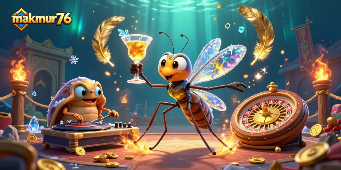 makmur76 showcases an animated casino scene with a unique frozen mosquito mascot, engaging players in vibrant gaming.