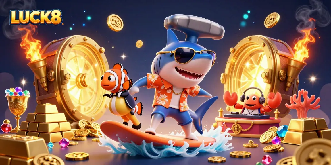 Experience LUCK8 entertainment with vibrant casino characters surfing gold coins and dynamic treasures.