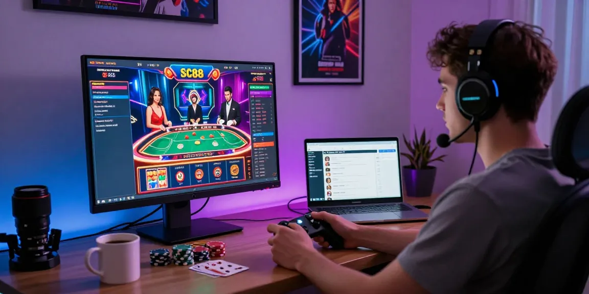 Engaging user experience on sc88 online gambling platform with vibrant gaming visuals and gaming accessories.
