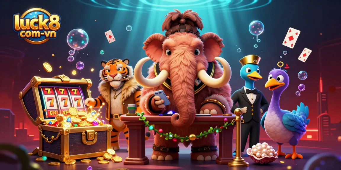 Engage with luck8com-vn in a lively casino scene featuring a woolly mammoth bouncer and jackpot slots.