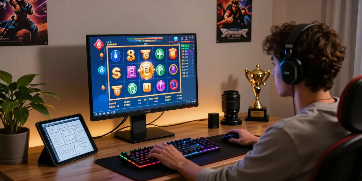 Permainan slot online di komputer dengan gamer bersemangat di ruangan yang nyaman dan pencahayaan hangat.