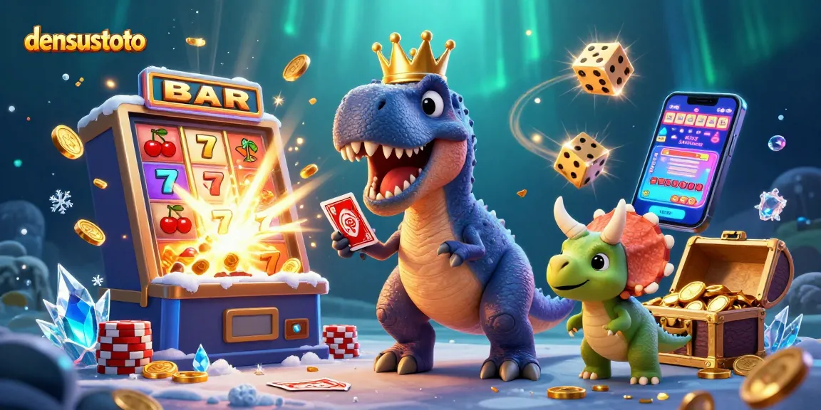 Taruhan di densustoto dengan T-Rex mengocok kartu dan Triceratops menumpuk chip emas.