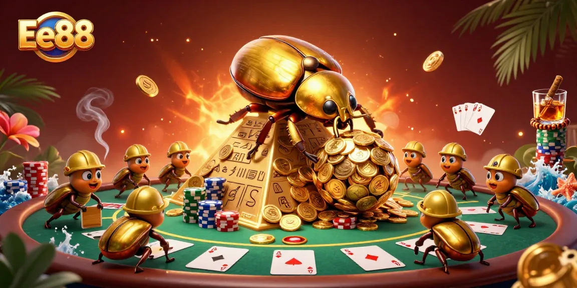 Experience the thrill of poker at Ee88 with a vibrant illustration of golden beetles and casino elements.