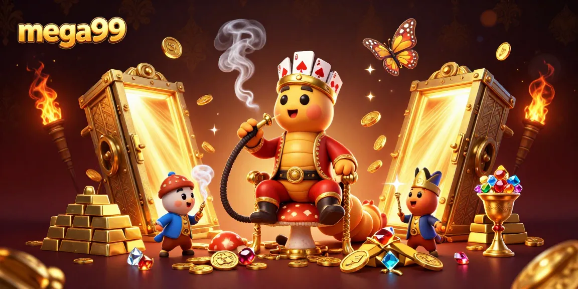 Experience jackpot excitement with Mega99's captivating slot scene full of treasures and gaming symbols.