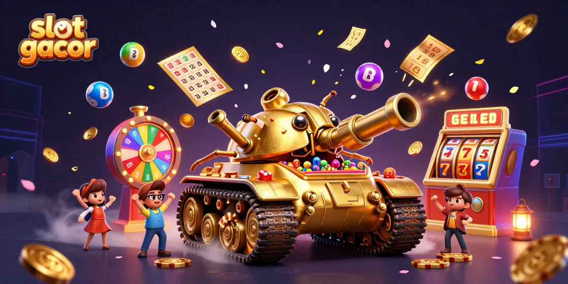 Engage with the slot gacor experience in this vibrant 3D casino illustration featuring a golden beetle tank and floating game elements.