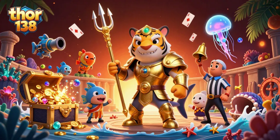 Thor 138 menyuguhkan ilustrasi fantastis dengan hiu macan bersenjata trident dalam arena bawah laut.