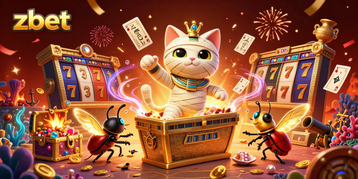 Experience thrilling gameplay with zbet's pyramid casino featuring vibrant slot reels and a mystical mummy cat.