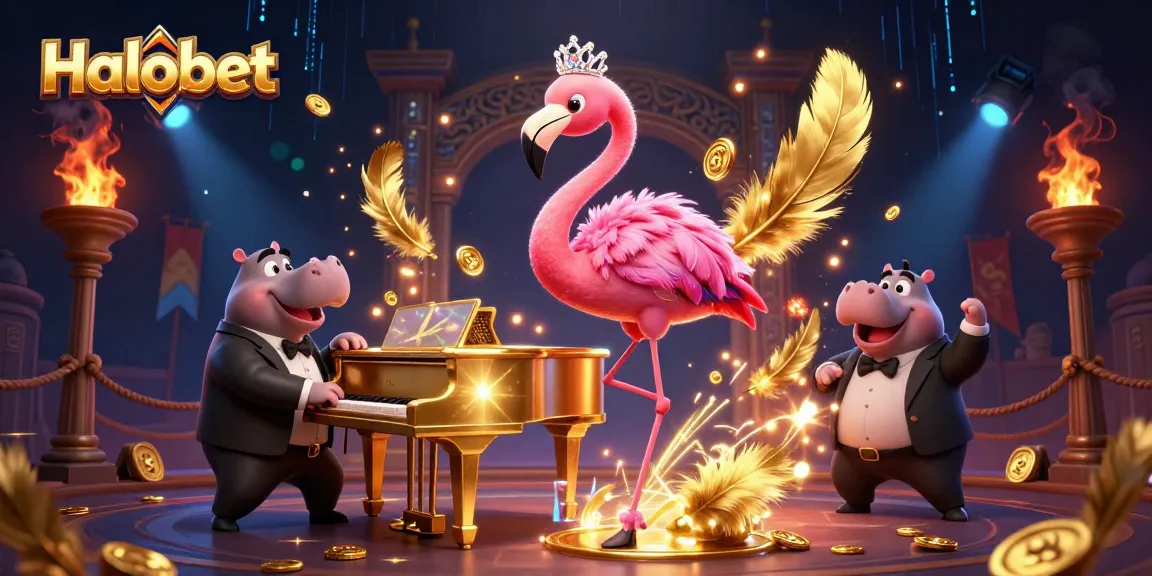Halobet menampilkan penyanyi flamingo berkilau dan pemain hippo di kasino, dikelilingi koin emas.