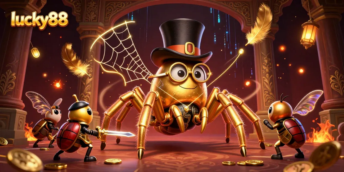Capture the excitement of lucky88 with a giant tarantula weaving golden threads in a vibrant casino.
