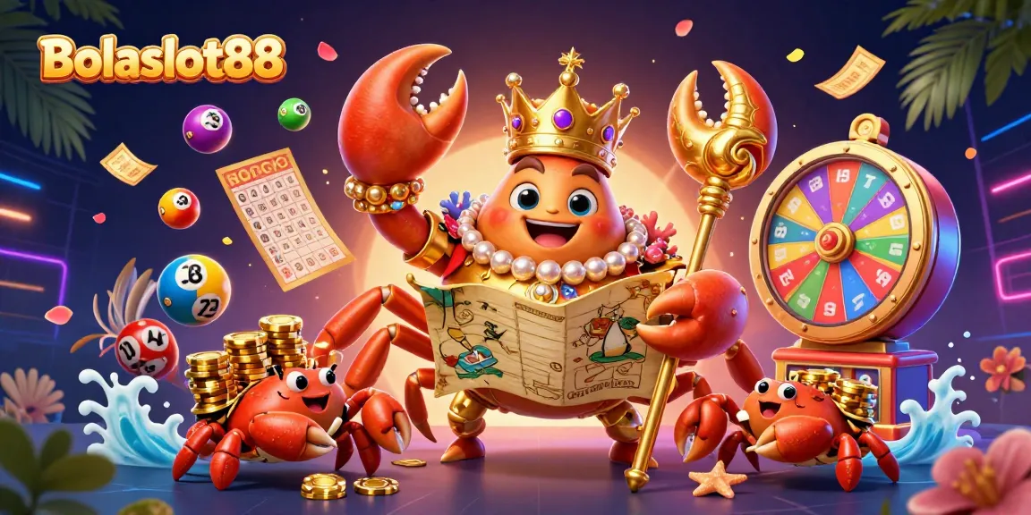 Bolaslot88 iconic scene featuring a golden crab emperor alongside vibrant casino elements, highlighting a dynamic gambling atmosphere.