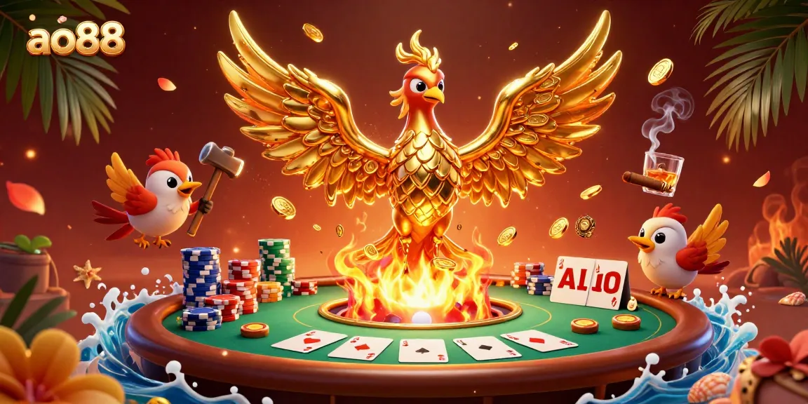 Spin to win at ao88 with a dynamic 3D illustration featuring a golden phoenix and poker elements.