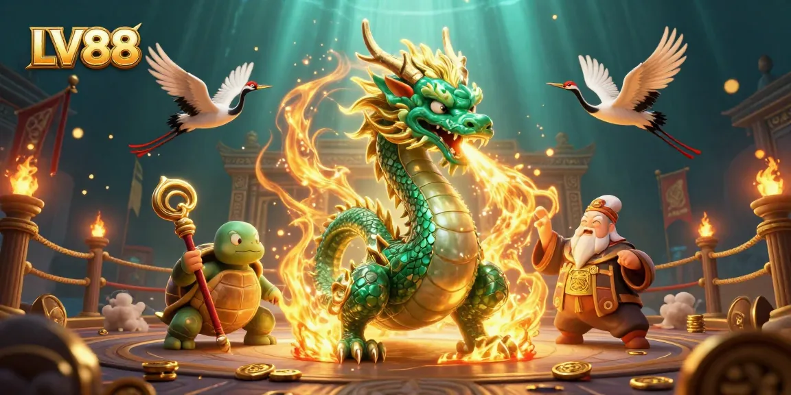 Engage with LV88's vibrant casino scene featuring a dragon, sage, and lucky cranes.
