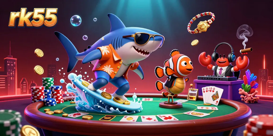 Experience thrilling moments with rk55 as a hammer-head shark and clownfish enjoy a gaming adventure.