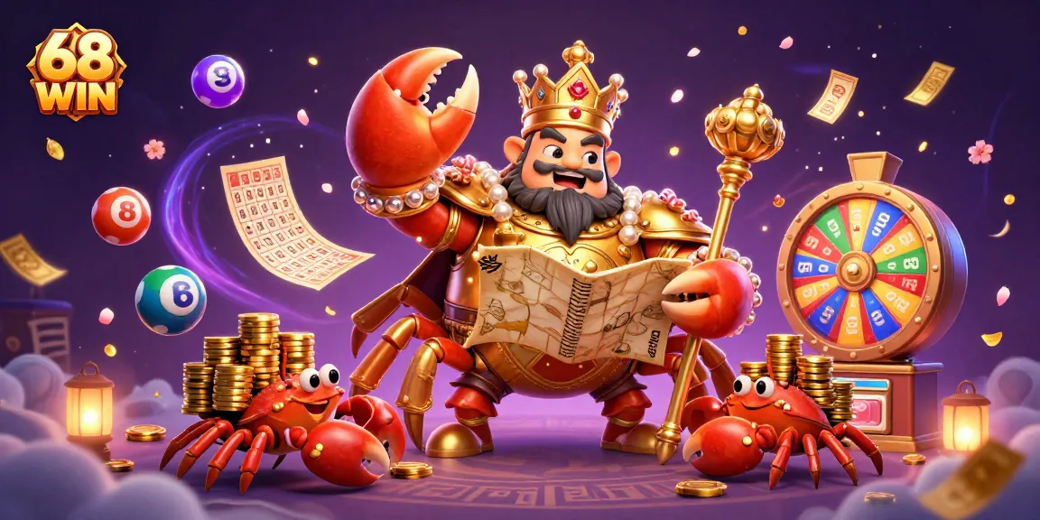 Experience the excitement of 68 WIN with a vibrant 3D illustration of a golden crab emperor and colorful casino elements.