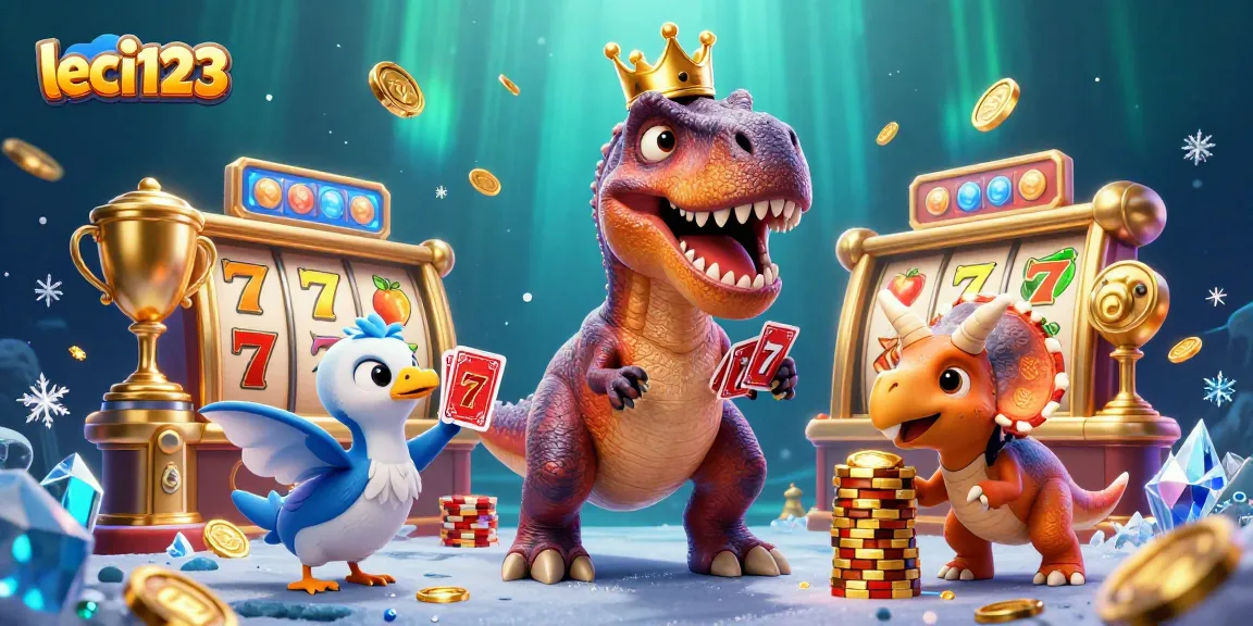 Experience the thrill of leci123 in this vibrant and dynamic casino scene with playful dinosaurs and slot elements.