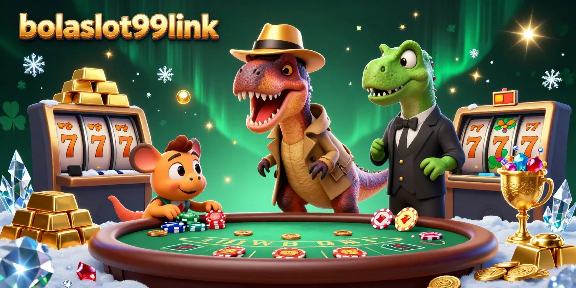 Engage in thrilling slot gameplay showcasing bolaslot99link with a velociraptor and dinosaurs at the table.