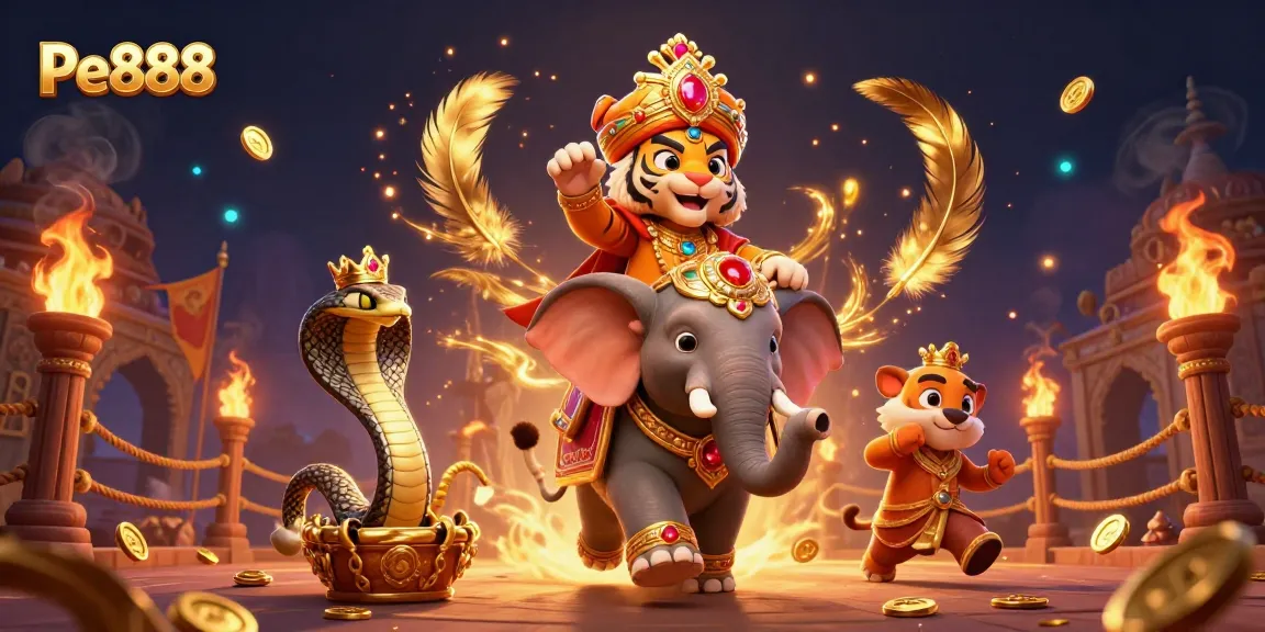 Engage with Pe888's casino adventures featuring a regal Maharaja and vibrant gaming elements.