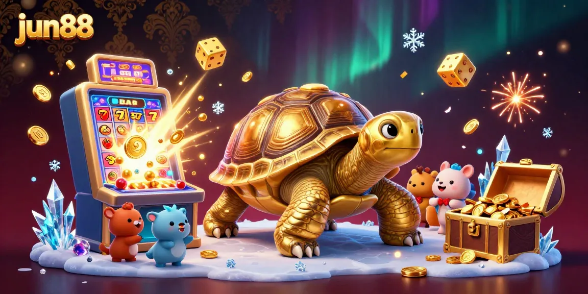 Experience exciting gaming at jun88 with a thrilling jackpot scene filled with golden tortoises and slot machines.