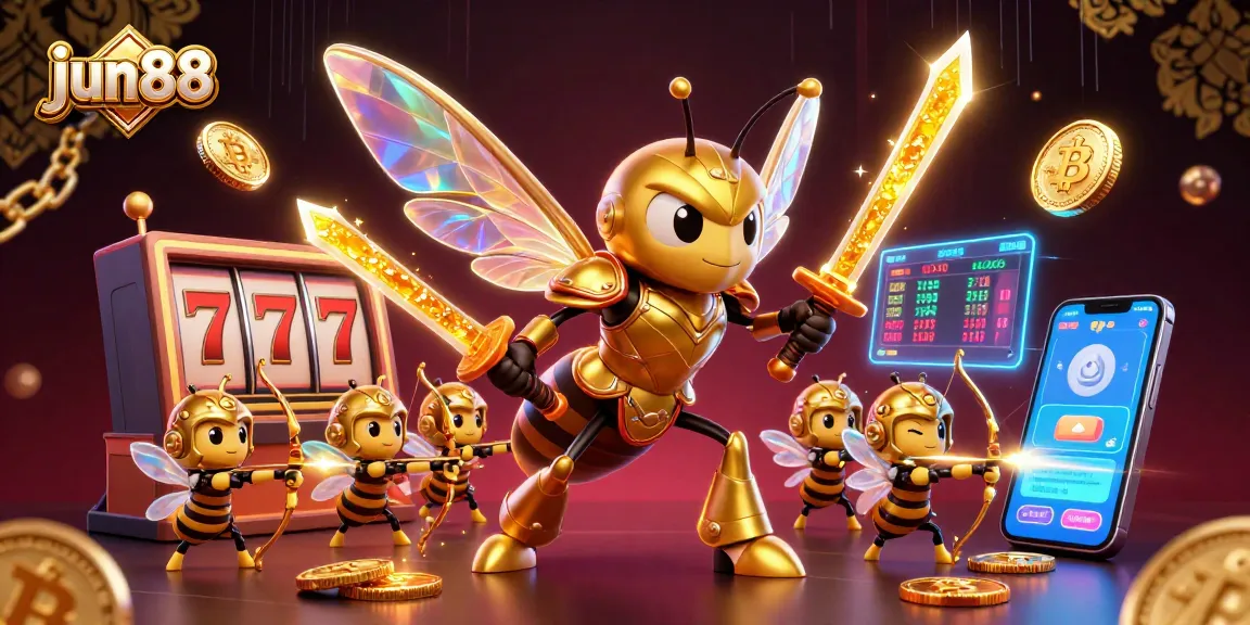 Engage in thrilling gameplay as jun88 features a vibrant casino scene with a giant golden hornet and bee archers surrounded by glowing crypto elements.