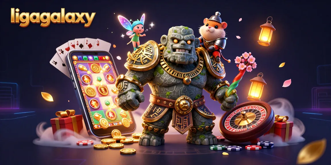 ligagalaxy menang dengan permainan slot berwarna-warni dan karakter fantastis dalam ilustrasi 3D.