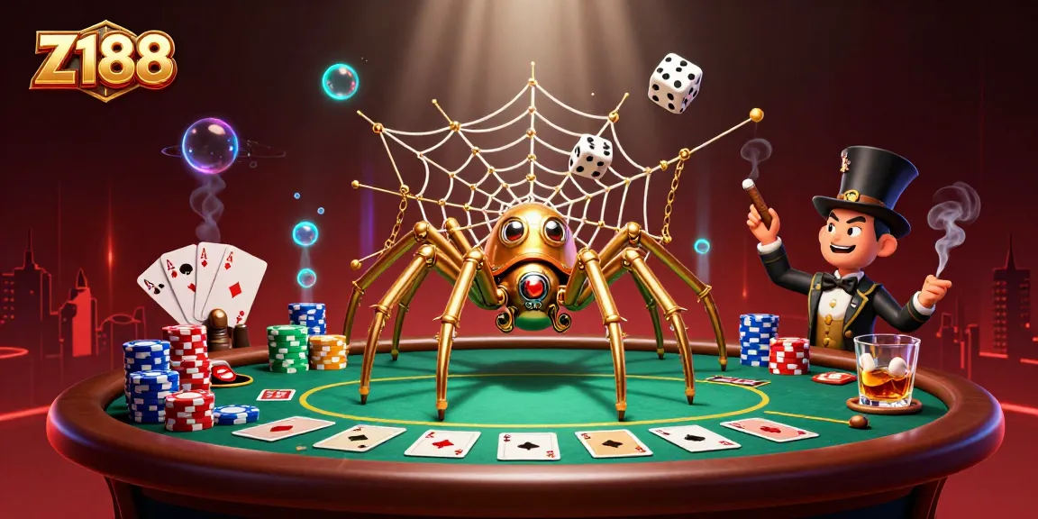 Engage with the Z188 casino experience as a steampunk spider captures dice in a vibrant gaming web.