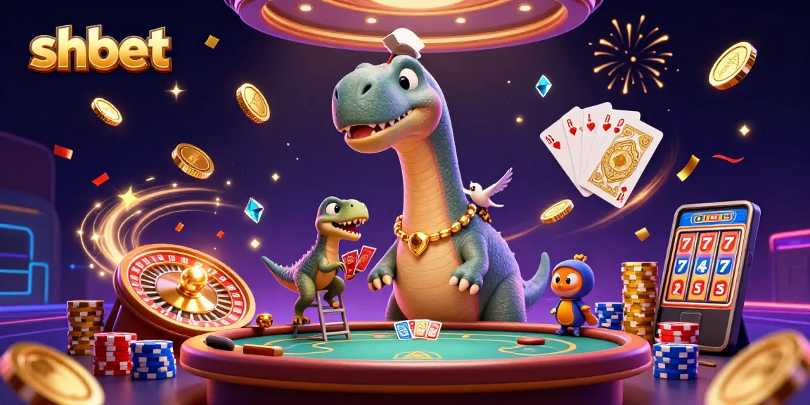 Win at shbet with a colorful 3D casino scene featuring a playful dinosaur and dynamic cards.