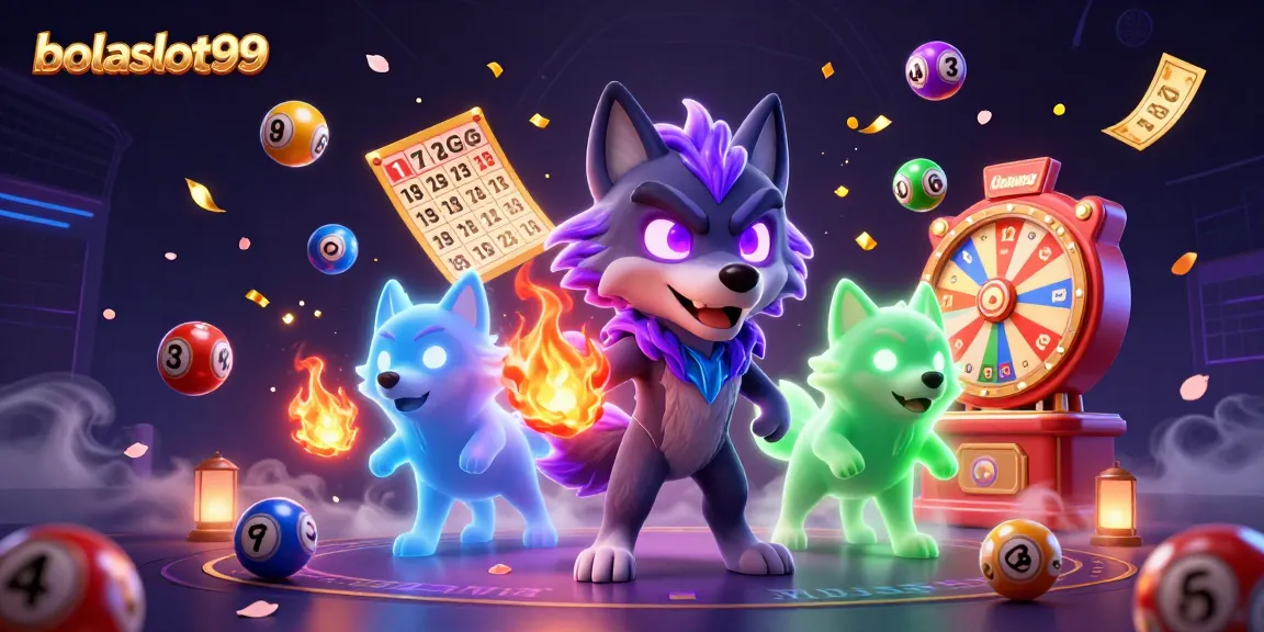 Engaging bolaslot99 illustration with a dynamic trio of ghostly wolves surrounded by bingo and lottery excitement.