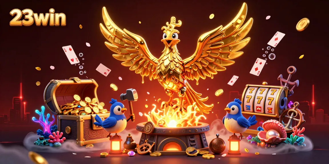 Experience excitement with 23win in a vibrant, ultra-detailed casino illustration showcasing golden elements and gaming treasures.