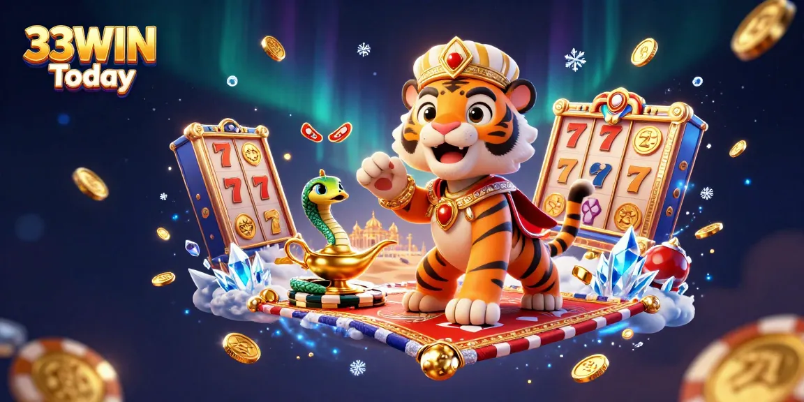 Experience the excitement of 33WIN Today with vibrant 3D casino art featuring a tiger sultan and jackpot elements.