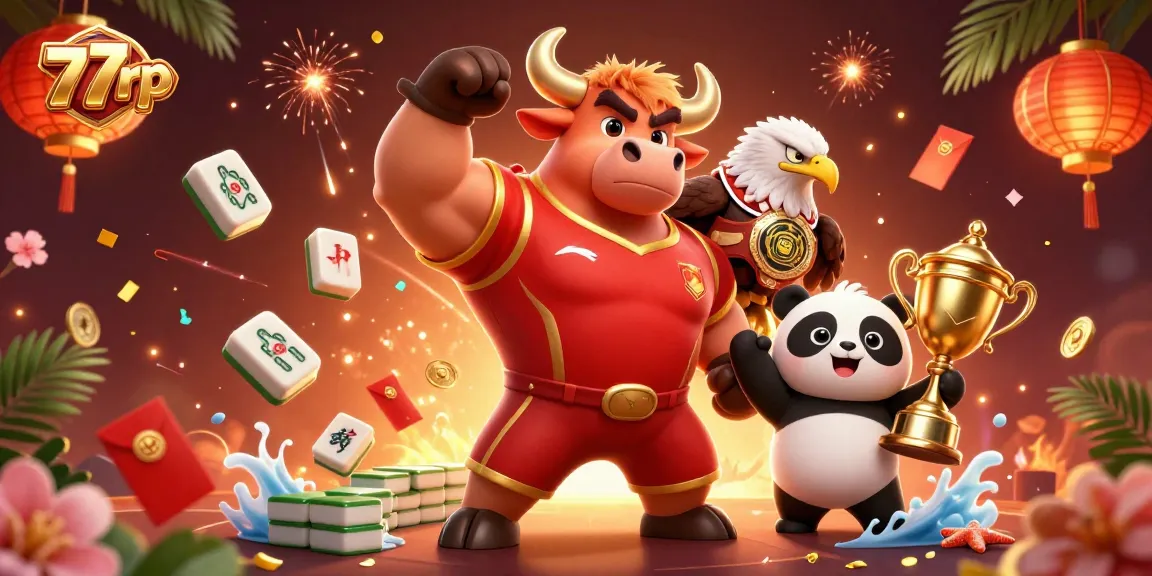 Win big at 77rp with an exciting 3D casino illustration showcasing mascots and vibrant gaming elements.