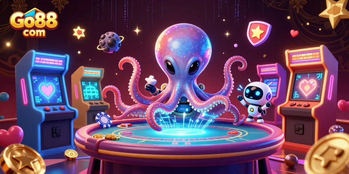 Experience thrilling gaming at Go88 com with a 3D cartoon alien octopus and poker elements.