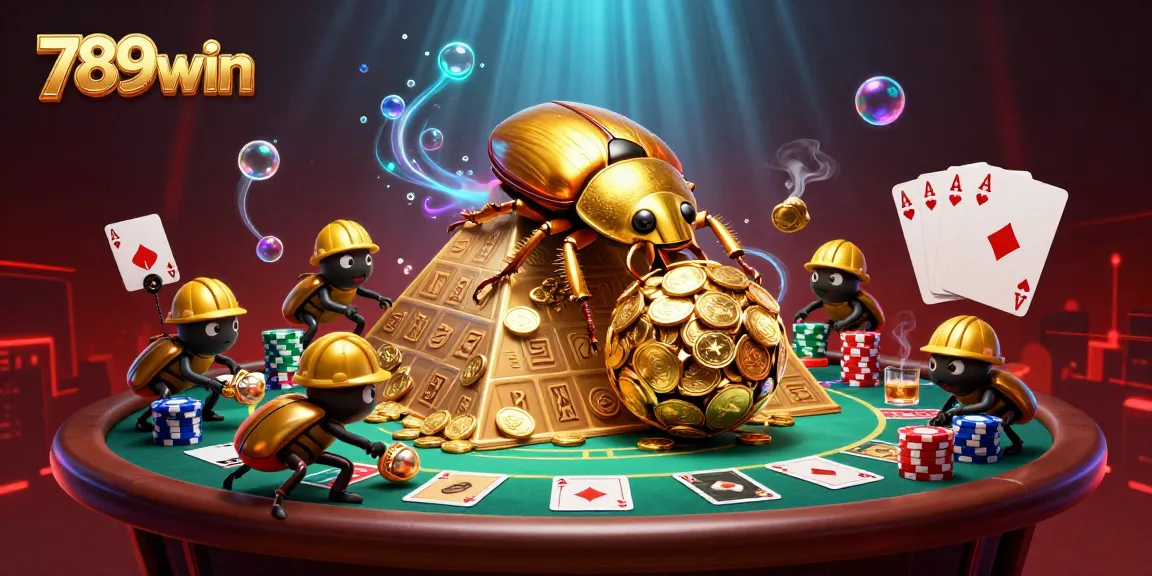 Play immersive 789win casino games with vibrant visuals, golden beetles, and exciting poker elements.
