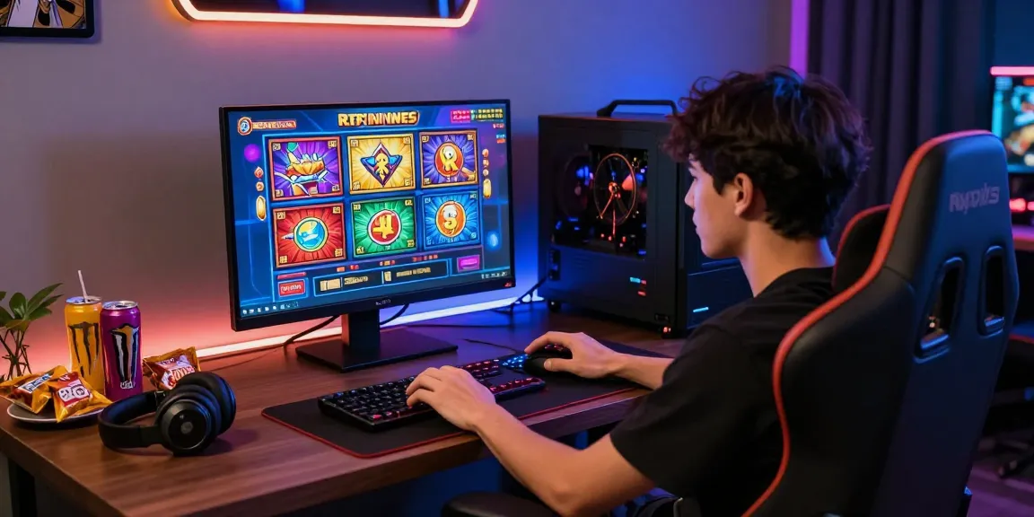 RTP slot online gaming scene dengan grafis cerah dan aksesori permainan menarik.