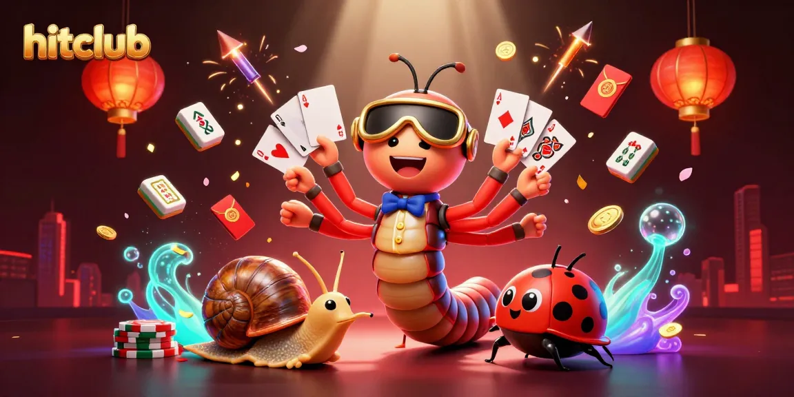 Hitclub's vibrant gaming scene with a cartoon millipede dealer and exciting casino elements.