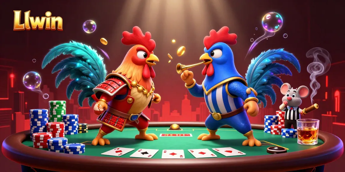 Llwin presents an intense standoff of fighting roosters amidst vibrant poker elements, showcasing dynamic gambling action.