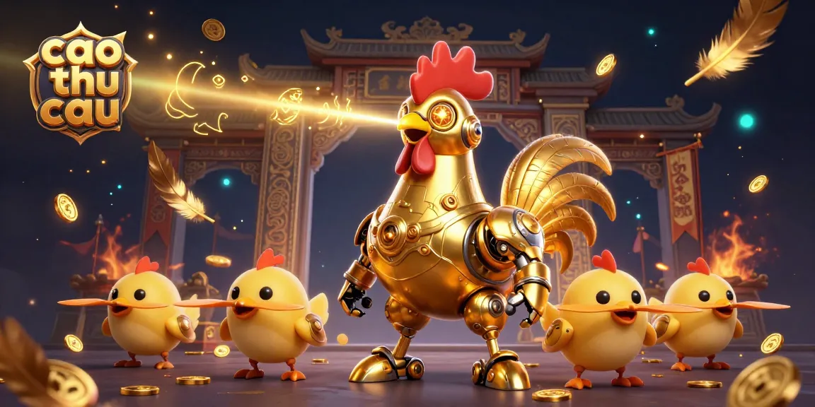 Engage in the winning strategies of cao thu soi cau with a dynamic 3D illustration showcasing a golden rooster robot and baby chick drones.