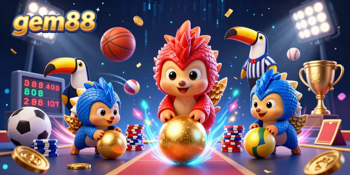 Experience gem88 with cartoon pangolins bowling through poker chips in a dynamic casino scene.