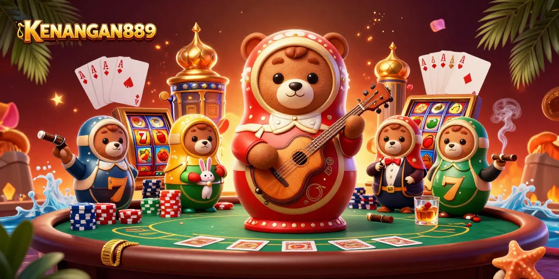 Spin and win at KENANGAN889 with a vibrant casino scene featuring 3D cartoon bears and game elements.