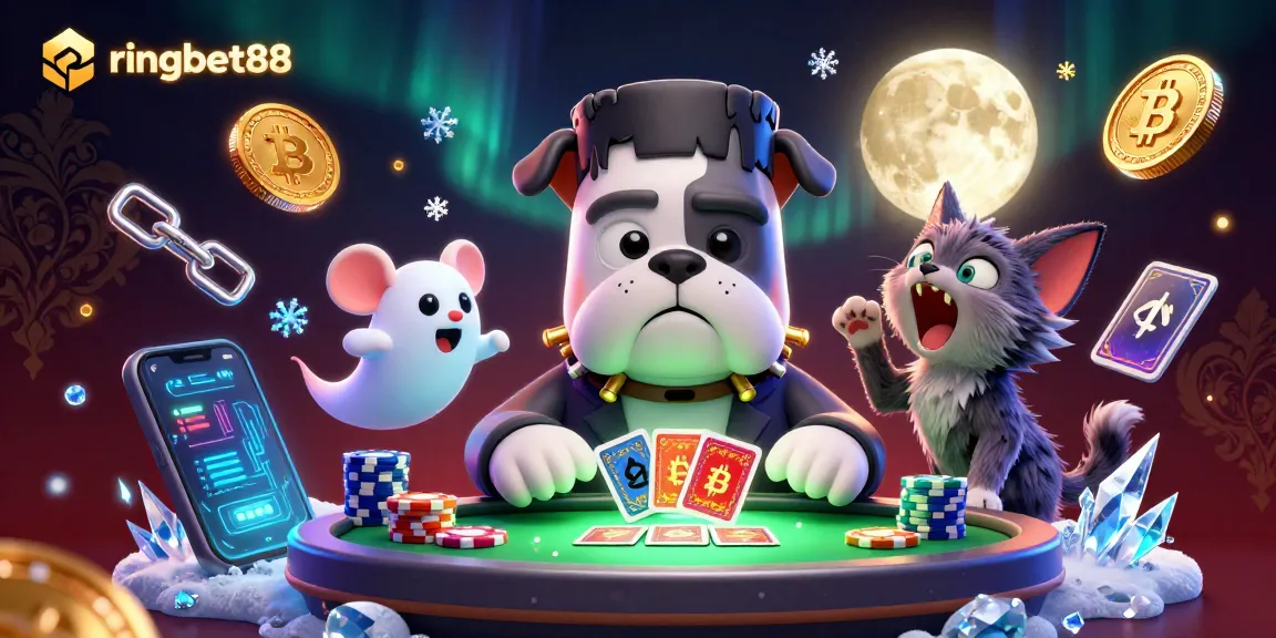 Engage with ringbet88 as the Frankenstein bulldog deals cards in a lively casino scene.