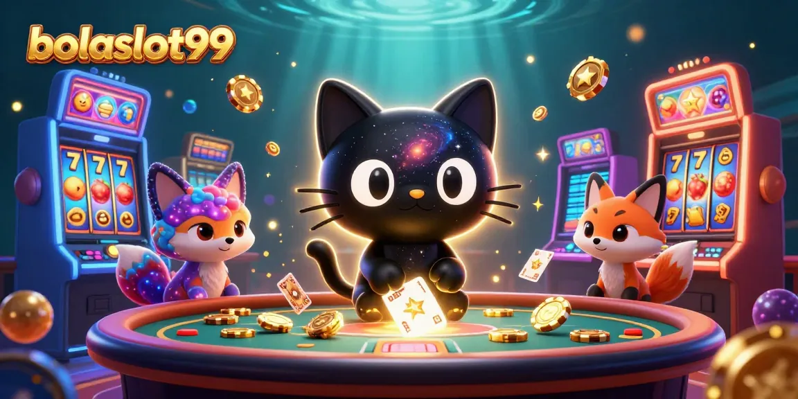 Bolaslot99 engages players with vibrant slot machines and cosmic characters in a dynamic casino scene.