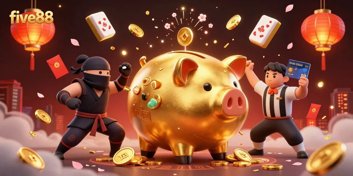 Experience the excitement of five88 with a dynamic illustration of gaming elements and animated characters.