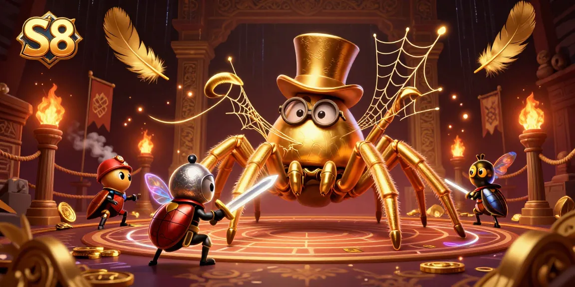S8 invites players to enjoy thrilling casino adventures with a golden tarantula and brave knight in the dynamic scene.