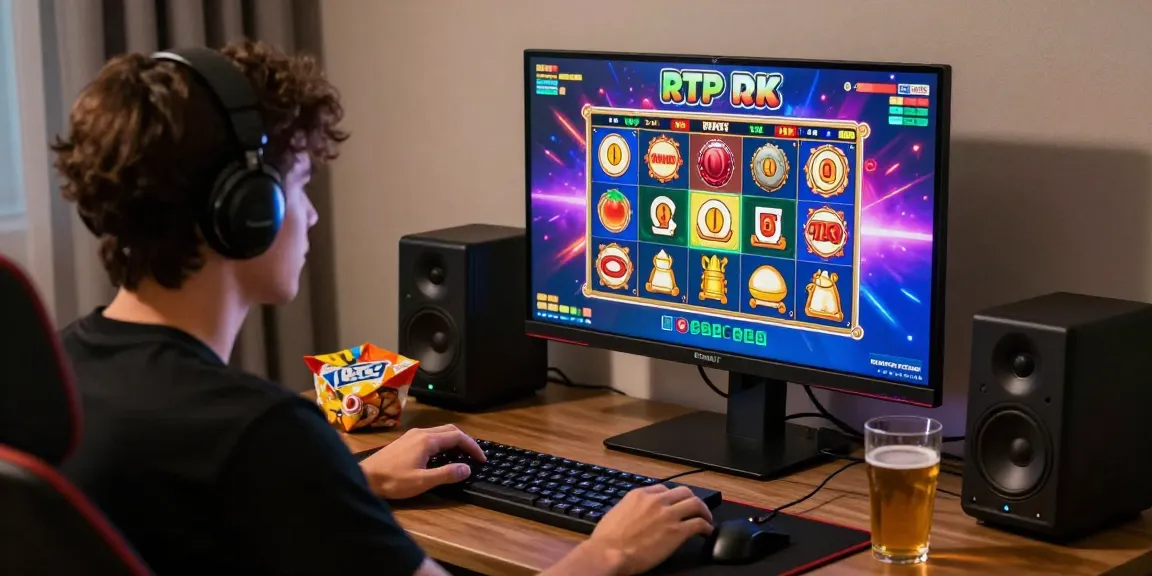 Gamer menikmati permainan rtp slot online dengan suasana menyenangkan dan peralatan modern.
