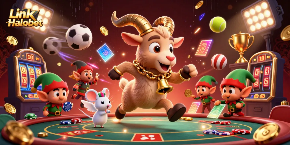 Link Halobet, merayakan kesenangan kasino dengan karakter ceria dan elemen perjudian yang menarik.