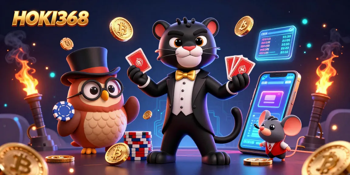Enjoy thrilling gameplay at HOKI368 with the stylish black panther dealing cards and vibrant casino elements.