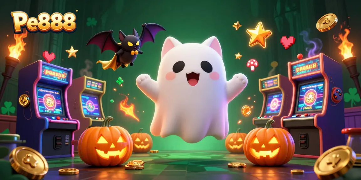 Experience Pe888 in a vibrant haunted casino scene with ghosts, retro games, and glowing details.