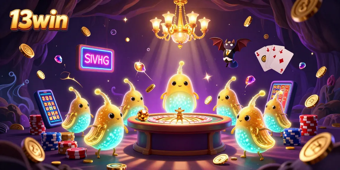 Experience the vibrant 13win casino with glowing glowworms, a bat dealer, and golden coins flying around.